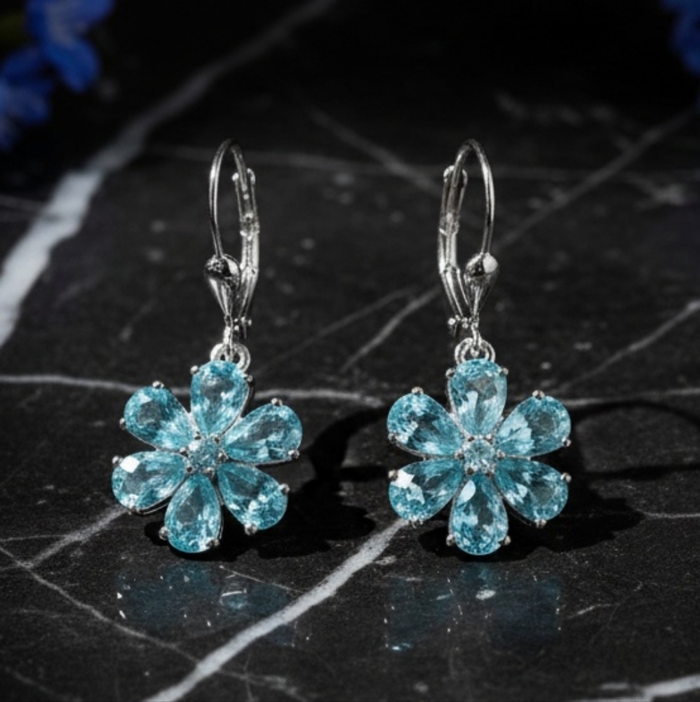 Madagascar Paraiba Apatite Sterling Silver Floral Dangle Earrings 4.85 CTW